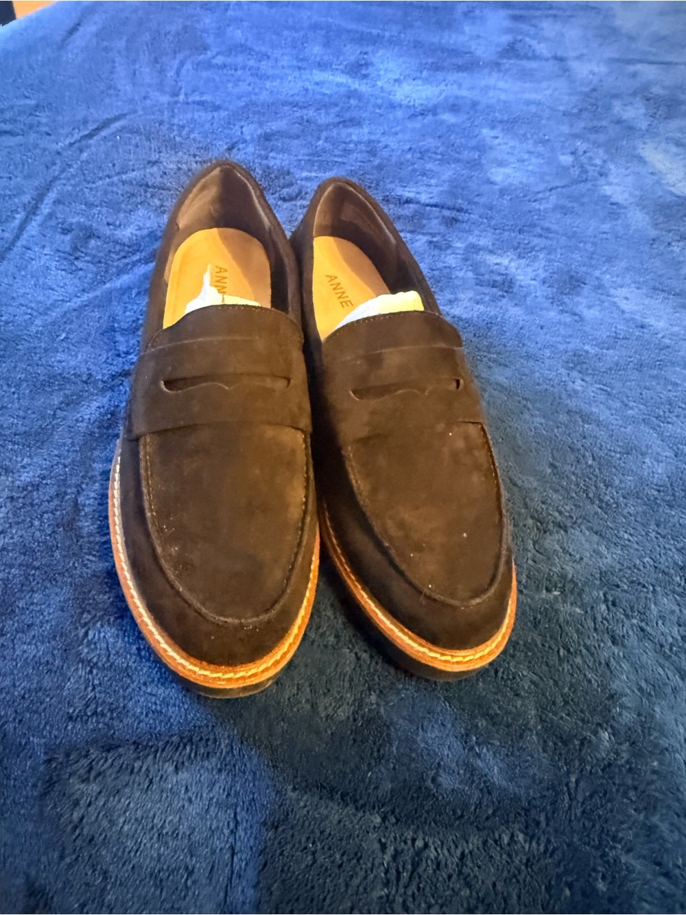 Anne Klein Black Suede Loafers with Tan Trim